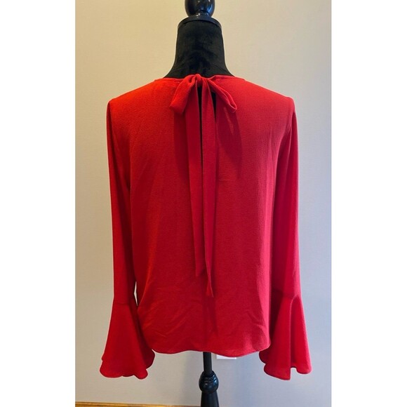 Wayf Blouse Size Medium Top Red Long Bell Sleeves Keyhole Tie Back Dressy Classy - Picture 5 of 12